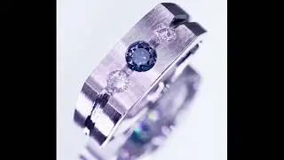 14k White Gold Three Stone Men's Ring with Color Enhanced Blue Diamond Sz 10.75