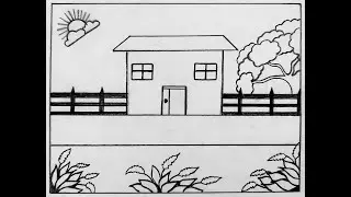 Pencil  drawing  of  a  house  with  a  garden   /   House  drawing   /   Garden  drawing