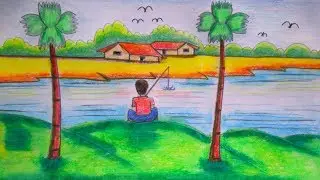 How to draw scenery of fishing step by step