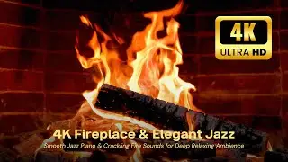🔥 Cozy Winter Jazz Fireplace 4K (12 HOURS) ❄️ Relaxing Background for Deep Calm