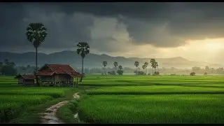 5 Hours of Peaceful Rain in Southeast Asian Countryside   Wooden Stilt House, Rice Fields & Tropical