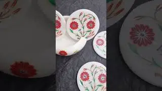 White Marble Coaster Set Carnelian Stone Inlay Floral Design Home Decor Gift Art Item