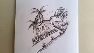 How to draw easy village scenery by pencil. #drawing #villagescenary #landscapedrawing 