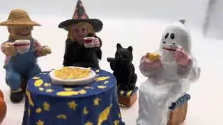 Halloween picnic witch and her Cat a  ghost and scarecrow miniature figure set