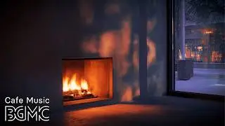4K Cozy Winter Cafe Ambience ☕ Warm Fireplace Glow + Jazz Piano | Background Music for Focus