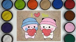 Adorable Couple Drawing, Cute Characters Holding Hearts, I Love You Sand Art