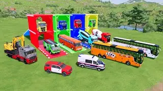 TRANSPORTING COLORFUL MIXER TRUCK, KARA TRUCK, MERCY POLICE CARS, AMBULACE, MINI TANKER FS22