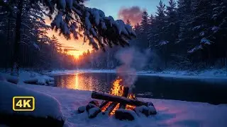 Winter Campfire by the Lake | 4K Nature Sounds for Deep Sleep, Relax & Anxiety Relief