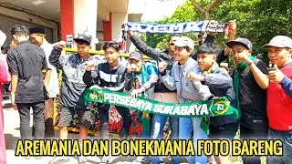 kedatangan bonek mania di stadion kanjuruhan di sambut dengan sukacita oleh aremania