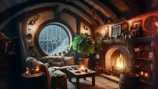 Hobbit Cottage Cozy Winter Ambience | Sleep & Relax, Sounds Of Crackling Fire, Blizzard, Making Tea