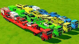 TRANSPORTING POLICE CARS, AMBULANCE, FIRE TRUCK, COLORFUL CARS WITH TRUCK -FARMING SIMULATOR 22!