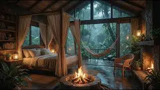 8K CINEMATIC: Cozy Rainforest Cabin Interior 🌧️ Heavy Rain & Fireplace Sounds for Deep Sleep