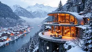 Relaxing Soft Winter Jazz at Balcony | Cozy Fireplace and Snow Falling