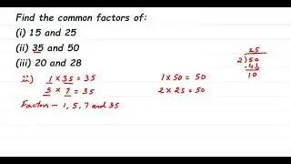 Найдите общие множители: (i)15 и 25 (ii)35 и 50 (iii)20 и 28
