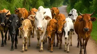 Kerumunan Sapi Lembu Ternak Berada di ladang hijau, Suara Sapi Moo, Sapi Lucu menikmati rumputan