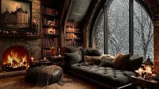 Winter Piano Room | Cozy Bedroom Piano Music with Warm Lights While Snow and Cold Wind Drift Outside