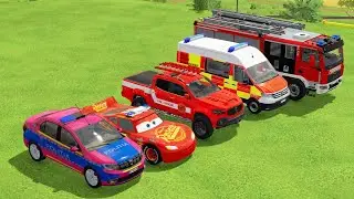 TRANSPORTING DACIA, MCQUEEN CAR, FORD POLICE CAR, AMBULANCE EMERGENCY WITH MAN TRUCKS FS22 #48
