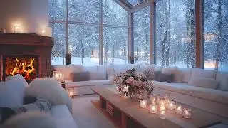 ❄️🕯️ Cozy White Room Piano Lounge | Fireplace Warmth & Falling Snow for Deep Sleep Focus