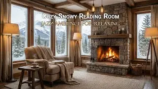 Cozy Snowy Winter Reading Room | Cozy Cabin Fireplace with Mountain View |Jazz Ambience for Relaxing