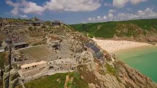 Porthcurno, Pedn Vounder & Logan Rock, Cornwall from a drone