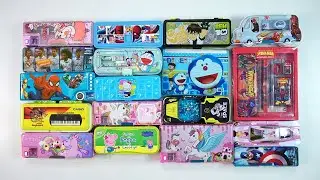 stationery collection of unicorn 🍦,rudra, doreamon green,hello kitty, space car, Ronaldo pencil box