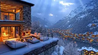 Relaxing Winter Escape ❄ Warm Jazz, Snowy Terrace & Fireplace for a Serene & Peaceful Night Retreat