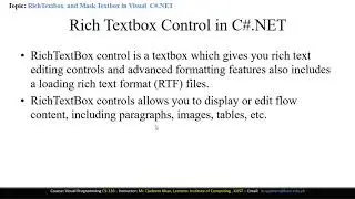 FACULTY051 CS361 KUST20201 L19 V1 Visual Programming Rich Textbox and Mask Textbox in Visual  C# NET