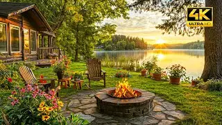 Cozy Lakeside Cabin Relaxation with Gentle Fire Pit | Springtime Nature Sounds & Peaceful Ambience