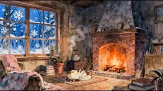 Cozy Ghibli-Inspired Winter Ambience 🌨️ Crackling Fireplace, Sleeping Cat & Snowfall [10 Hours]