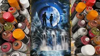 ✅Pareja de enamorados bajo la luna llena, paisaje azulado, t&eacute;cnicas de spray paint 2022