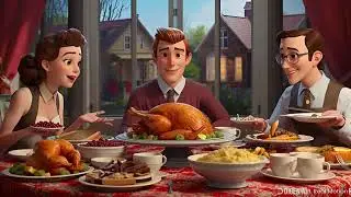 Retro Thanksgiving Table 🦃🥂 | Pixar-Style Short #WholesomeVibes #PixarScene #1950sVibes #HolidayJoy