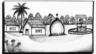 How to Draw Simple Village Scenery Drawing||Step By Step Village Nature Drawing||Easy House Drawing