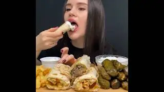 SHAWARMA + FRIES + GRAPE LEAVES (DOLMA) MUKBANG ASMR EATING #asmr #mukbang #shawarma #dolma