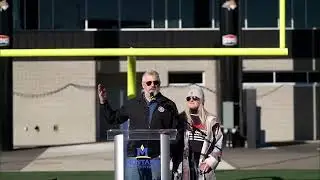 Montana Representative Troy Downing delivers his victory speech at Bobcat Stadium