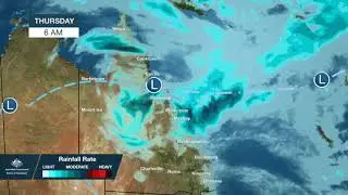 Satellite footage and forecast rainfall for Queensland, 7 February 2019