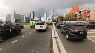 Motorcycle in NYC lane splitting , Skyline, Queens Midtown Tunnel Manhattan traffic - RAW SOUND