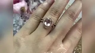 Art Deco Unique 7x9mm Oval Morganite Ring Solid 14K Rose Gold Morganite Engagement Ring
