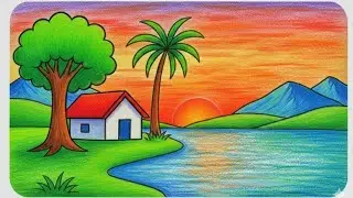 Beautiful Scenery Drawing | Easy Scenery Drawing for Beginners | Sunset Drawing by Oil Pastel |