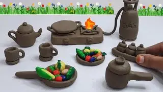 Primitive Technique Make Mini Clay Kitchen Set || DIY Miniature Clay Gas Stove, Tea Cup Set, Kitchen