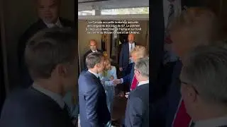 La poign&eacute;e de main entre Donald Trump et Emmanuel Macron au G7 en pr&eacute;sence de Giorgia Meloni.