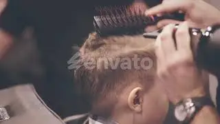 Hair Dryer. Close Up of Little Boy Hair Styling. Children Haircut. Kid Haircut. Hairstyle Boy....