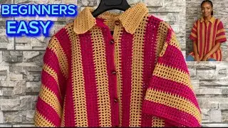 🧶How To Crochet Easy Polo Shirt for Women Beginners / Crochet Mesh Shirt #crochetwomenshirt #untie