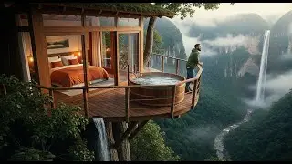 Luxury treehouse on a high cliff with hot tub overlooking a majestic waterfall and misty valley.