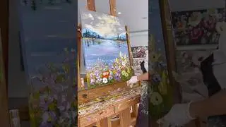 Painting mountains with a lake and wildflowers in acrylics - Giselle Denis Fine Artist