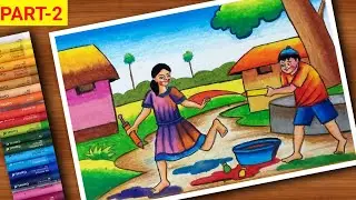 Holi Scenery Drawing Easy / Easy Holi Drawing / Drawing for Beginners / Oil Pastels