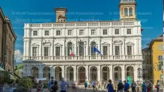 Main square piazza Vecchia in an Italian town Bergamo timelapse. Library and historic buildings