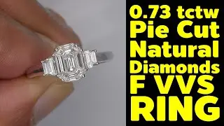 0.73 tctw F VVS Pie Cut Natural White Diamonds 18K Gold Ring Big Look Emerald Cut with 2 Trapezoids