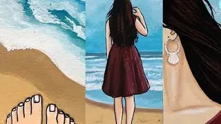 🌊How to paint sea Beach Easy // Aesthetic girl in sea beach panting with colour ... 🌊