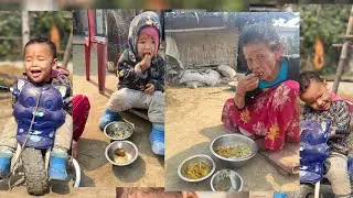 Eating rice and vegetables grand son and grandma 