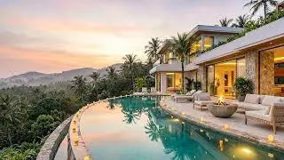 Luxury Jungle Villa Ambience | Smooth Piano Jazz, Jungle Birds & Fire Crackling | 2 Hours